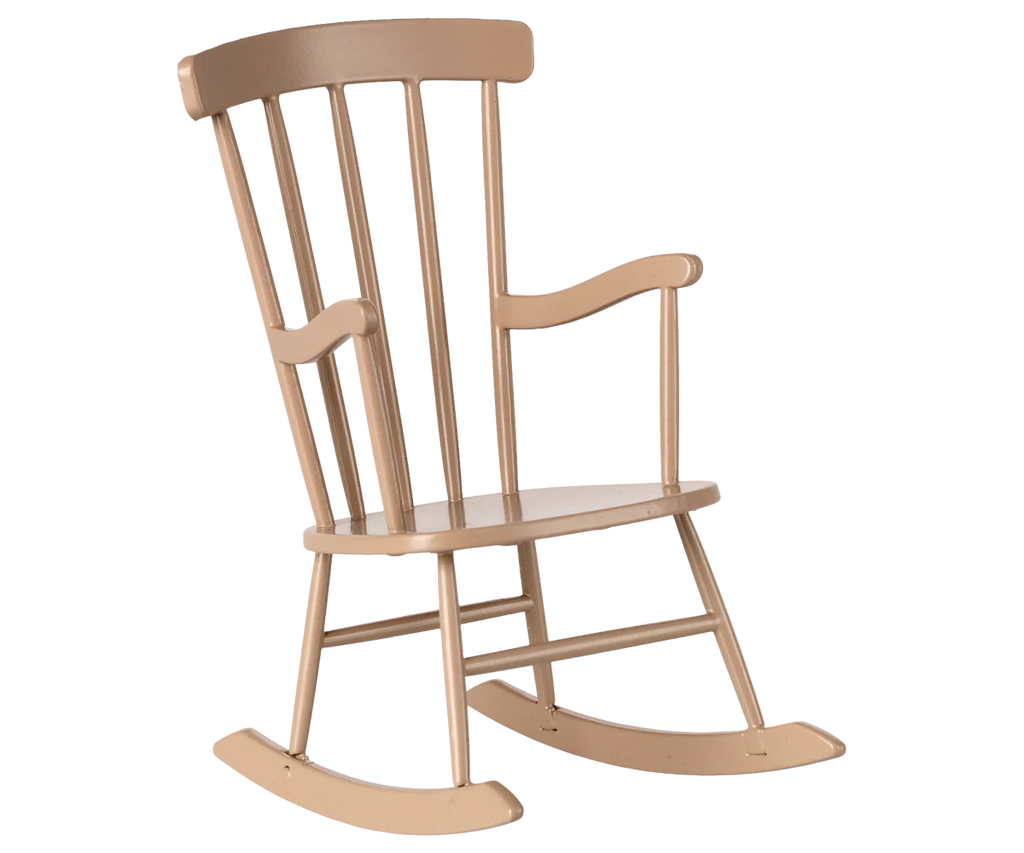 The PRE-ORDER: Rocking Chair, Miniature - Dark Sand (ships early August) features a light brown finish, vertical slats, curved armrests, and rockers—ideal as charming rabbit furniture or a cozy bunny chair for your nursery.