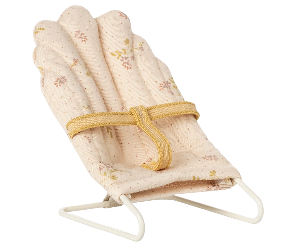 A miniature babysitter accessory, the PRE-ORDER: Babysitter, Micro - Off White features a small padded chair with white metal frame and yellow strap—perfect for micro-sized rabbits. Estimated ship date: late September.