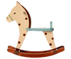 The PRE-ORDER: Rocking Horse, Mouse - Spotted features brown spots, metal handles, a blue seat, and a brown mane and rockers, shown from the side on a white background. (Approx. ship date: Early September).