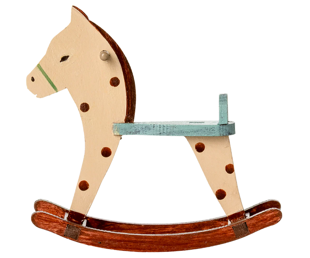The PRE-ORDER: Rocking Horse, Mouse - Spotted features brown spots, metal handles, a blue seat, and a brown mane and rockers, shown from the side on a white background. (Approx. ship date: Early September).