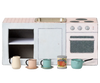 The PRE-ORDER: Maileg Kitchen Counter, Mouse (Aprox. Ship Date: November) features a charming mini kitchen with a stove, oven, sink, and shelf, plus tiny paper and metal dishes—a perfect addition to your SuitCasa-style mouse house.