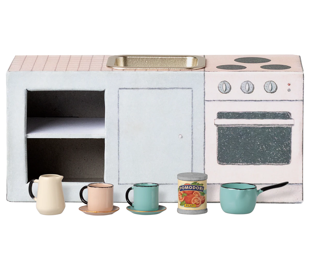 The PRE-ORDER: Maileg Kitchen Counter, Mouse (Aprox. Ship Date: November) features a charming mini kitchen with a stove, oven, sink, and shelf, plus tiny paper and metal dishes—a perfect addition to your SuitCasa-style mouse house.