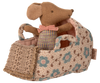 The PRE-ORDER: Carry Cot, Baby Mouse Size - Rose (ships late November) includes a baby mouse in striped overalls and pink bow tie, resting in a floral carry cot with woven pillow—ideal for cozy, safe sleep.