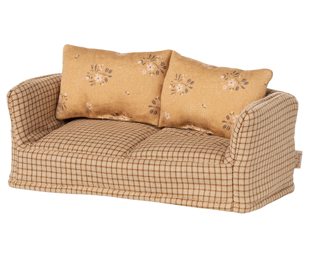 PRE-ORDER: Couch, Mouse - Mable is a small plaid-patterned sofa with two yellow floral cushions, perfect for dolls or miniature displays. Estimated ship date: Early August.