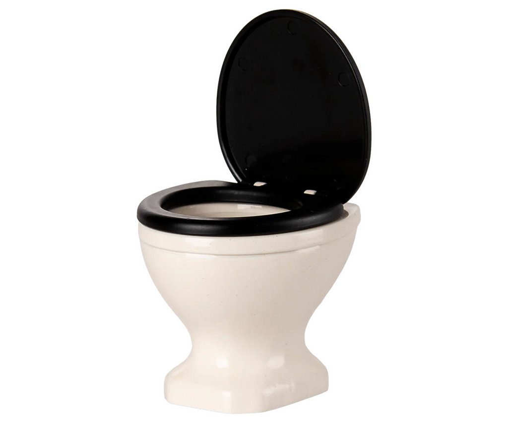 PRE-ORDER: Toilet, Mouse Size - Off White (Estimated Ship Date: Early November)—a white ceramic mouse toilet with a black seat and lid, shown open against a plain background. Ideal for your SuitCasa mouse house or any small mice bathroom!.