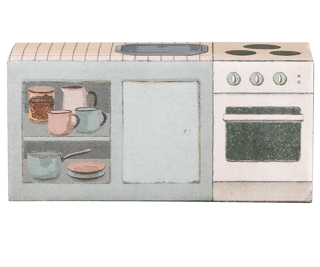Illustration of the PRE-ORDER: Maileg Kitchen Counter, Mouse (Aprox. Ship Date: November), featuring a vintage oven, stovetop, and cupboard with canned food, cups, pots, and plates in muted pastel colors and retro shapes.