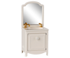 PRE-ORDER: Sink Dresser, Mouse - Off White features a small sink, gold faucet, cabinet door, and mirror—ideal for storing bathroom essentials in any Mouse hole Farmhouse. Estimated ship date: early September.