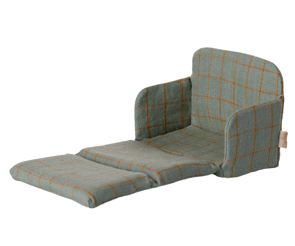 The PRE-ORDER: Sofa Bed, Mouse - Checker features green padding, orange plaid lines, armrests, and an extended footrest—perfect for a SuitCasa living room. Ships late September. Shown against a plain background.