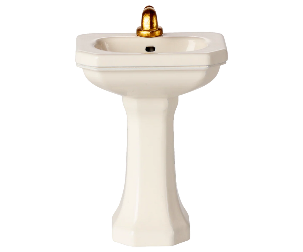 The PRE-ORDER: Bathroom Sink, Mouse Size - Off White (Estimated Ship Date: Early October) features a small off-white pedestal sink with a gold-tone faucet—ideal for SuitCasa or your mice siblings—shown on a plain background.