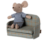 A small stuffed mouse in a striped shirt and gray shorts sits on the PRE-ORDER: Sofa Bed, Mouse - Checker (green plaid), estimated to ship in late September.