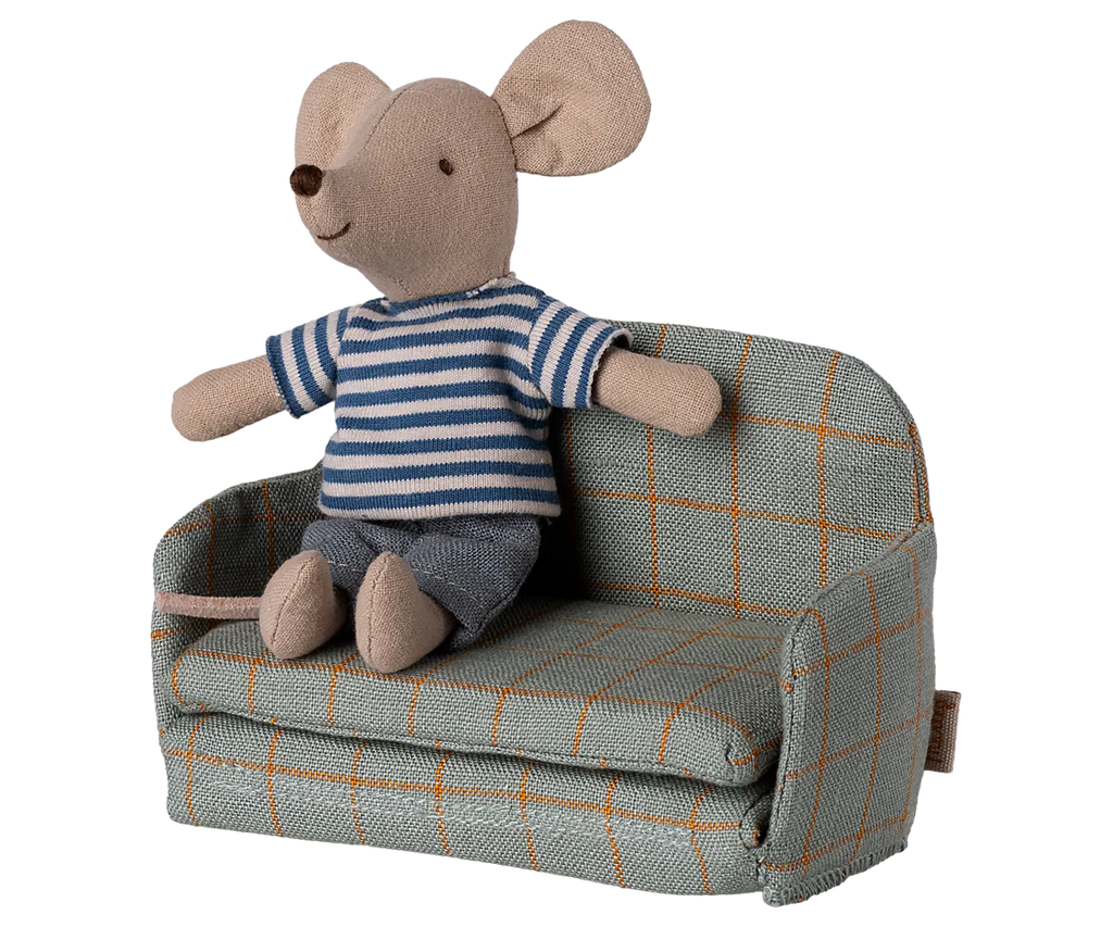 A small stuffed mouse in a striped shirt and gray shorts sits on the PRE-ORDER: Sofa Bed, Mouse - Checker (green plaid), estimated to ship in late September.