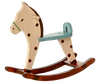 PRE-ORDER: Rocking Horse, Mouse - Spotted features a cream body with brown spots, metal handles, a brown mane and rockers, plus a blue saddle. Approximate ship date: early September.