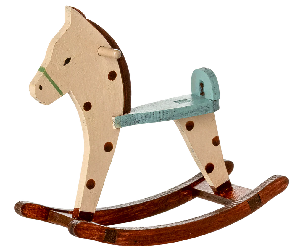 PRE-ORDER: Rocking Horse, Mouse - Spotted features a cream body with brown spots, metal handles, a brown mane and rockers, plus a blue saddle. Approximate ship date: early September.