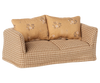 The PRE-ORDER: Couch, Mouse - Mable (ships early August) features a small, beige checkered upholstered design with two floral light brown cushions—ideal for adding cozy charm to your Mouse hole Farmhouse living room.