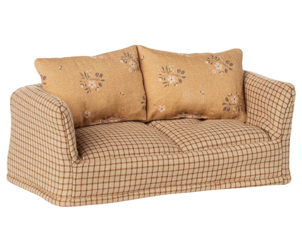 The PRE-ORDER: Couch, Mouse - Mable (ships early August) features a small, beige checkered upholstered design with two floral light brown cushions—ideal for adding cozy charm to your Mouse hole Farmhouse living room.