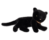 The PRE-ORDER: Sleeping Kitten Plush, Medium - Black features a soft polyester filling for comfort, yellow eyes, a pink nose, and a brown collar. This adorable black cat lies stretched out with its tail extended. Ships late November.