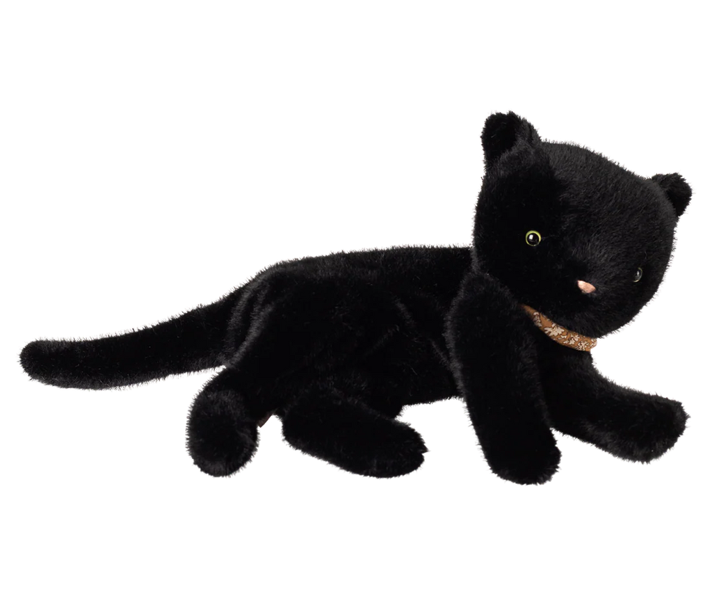 The PRE-ORDER: Sleeping Kitten Plush, Medium - Black features a soft polyester filling for comfort, yellow eyes, a pink nose, and a brown collar. This adorable black cat lies stretched out with its tail extended. Ships late November.
