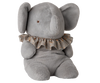 The PRE-ORDER: Elephant Plush, Big - Blue/Grey is crafted from soft plush and recycled polyester, with floppy ears, a small trunk, and a ruffled gray floral collar. Sits upright. Estimated ship date: Late November.