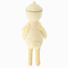 The Cuddle + Kind Duckling is a handmade, knitted yellow plush duck with hypoallergenic polyfill, textured wings, a small tail, long legs, and a light green line around its head, shown on a plain white background.