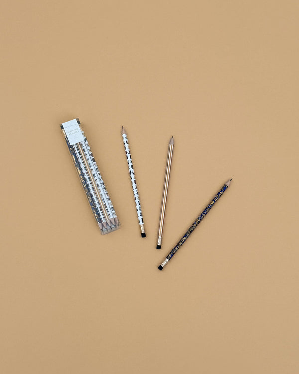 The Cats & Dogs Pencil Set features three illustrated pencils and a transparent pencil box arranged neatly on a beige background—perfect for any writing collection.