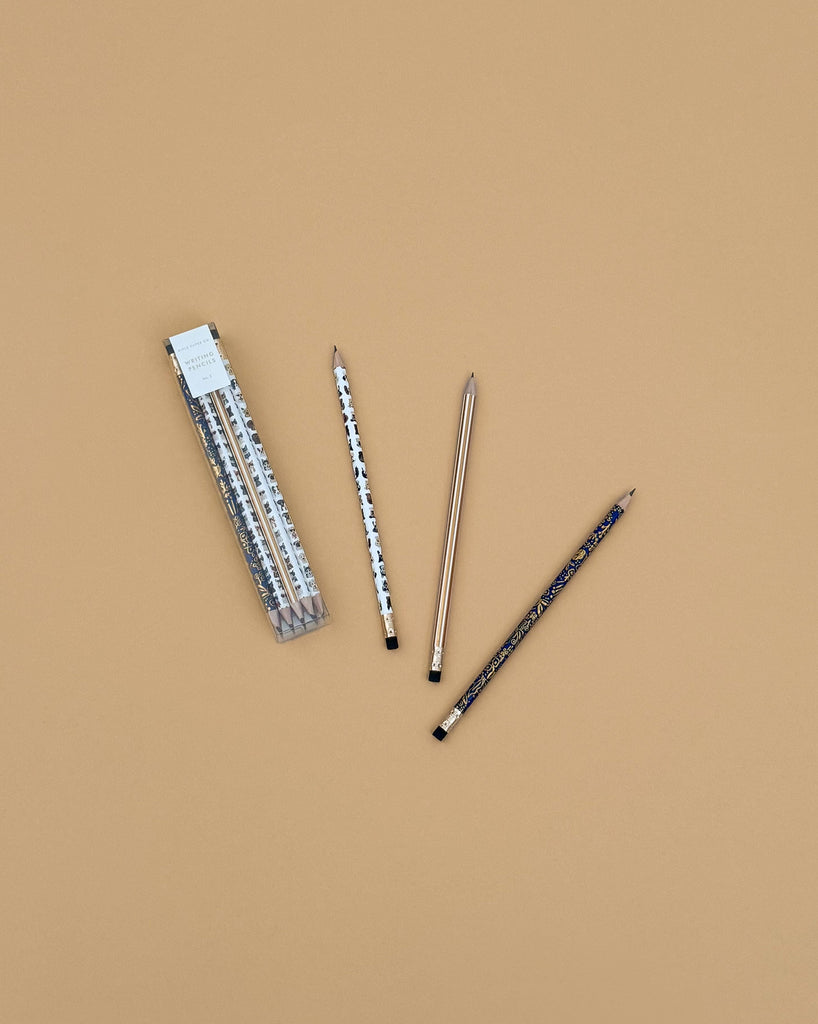 The Cats & Dogs Pencil Set features three illustrated pencils and a transparent pencil box arranged neatly on a beige background—perfect for any writing collection.