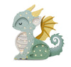 The Handmade Wooden Lamp - Dragon, Hunter Green features a cute cartoon dragon with light green skin, yellow horns and wings, closed eyes, and glowing bulbs on its body. Ideal as a children's night light or whimsical nursery decor.