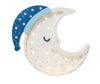 The Handmade Wooden Lamp - Moon features a crescent moon with a blue sleeping cap, closed eyes, rosy cheeks, and glowing white LEDs—an adorable Moon Lamp or nursery decor for your child’s room.