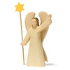The Ostheimer Angel With Star - Large is a handcrafted wooden figurine featuring long hair, large wings, and a yellow star-topped staff. Made from light-colored wood, this toy encourages imaginative play with its simple painted features.