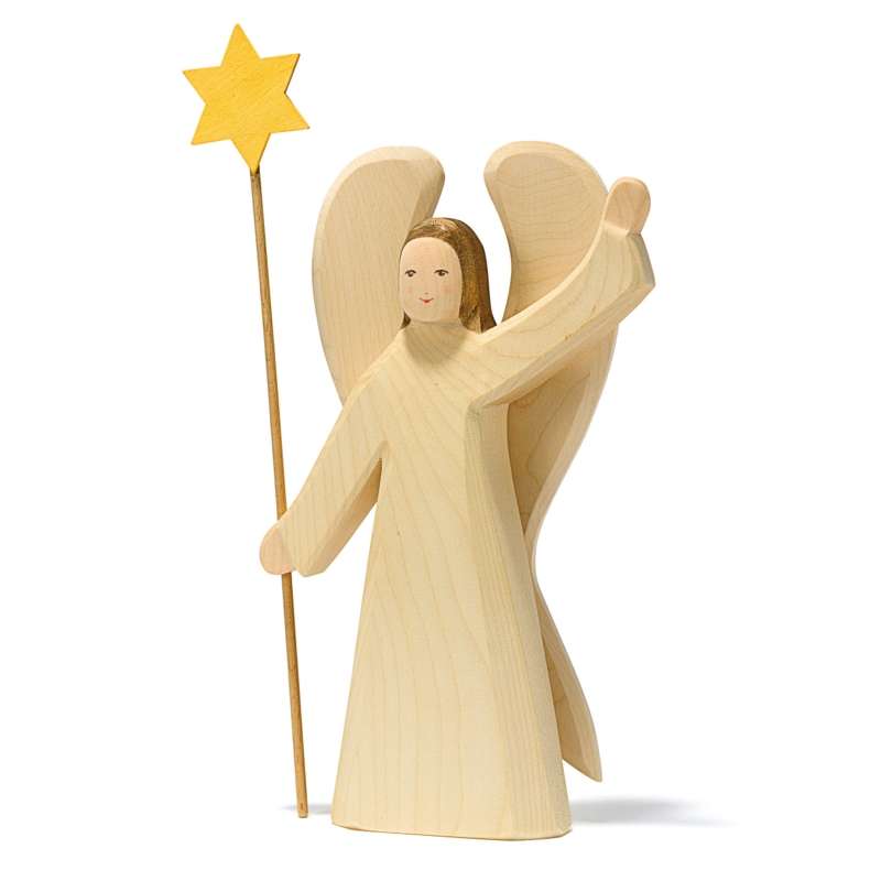 The Ostheimer Angel With Star - Large is a handcrafted wooden figurine featuring long hair, large wings, and a yellow star-topped staff. Made from light-colored wood, this toy encourages imaginative play with its simple painted features.