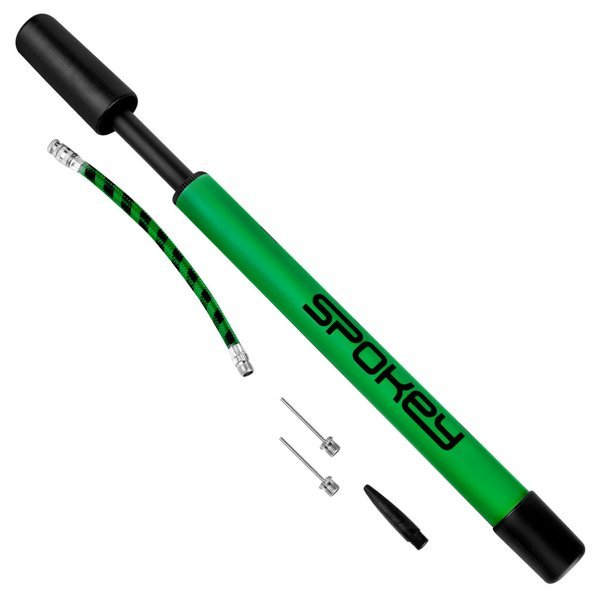 A green Hot Air Balloon Pump, made in Poland, features a black handle, flexible hose, metal needle adapters, and a black nozzle cap—all displayed on a white background.