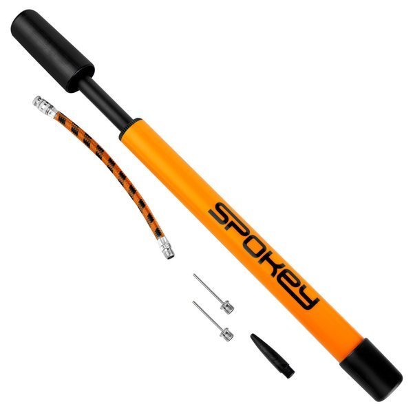 The Hot Air Balloon Pump is an orange Spokey hand pump made in Poland, with a black handle, flexible air hose, two metal needle adapters, and a black nozzle cap, all neatly arranged on a white background.
