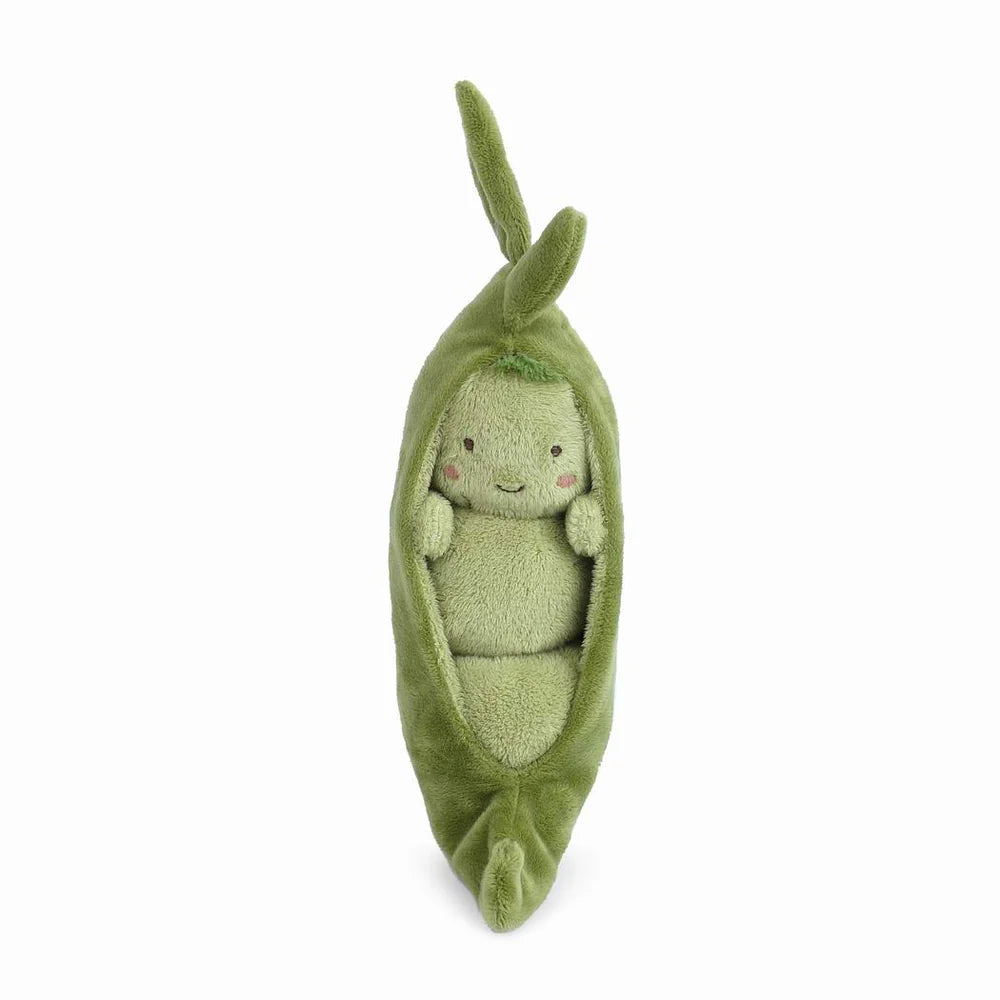 The Pia Pod Plush Toy is a soft, fuzzy stuffed toy shaped like a pea pod, with an open pod showing a smiling green pea character inside. Adorable stitched details make it a perfect gift for kids.