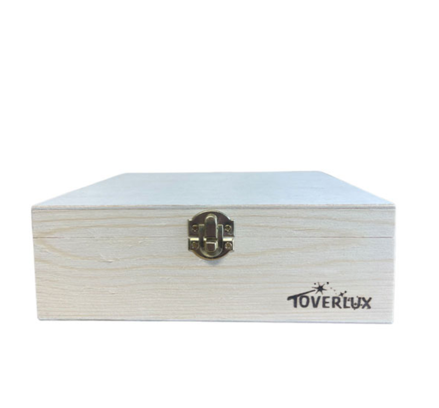 The Toverlux Silhouette Storage Box is a light wooden box with a closable lid, brass front clasp, and "TOVERLUX" logo plus star graphic—perfect for keeping your Toverlux silhouettes safe.