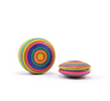 Two Mader Wooden Yoyo - Striped toys made from beech wood, featuring colorful concentric circles in blue, green, yellow, pink, orange, and purple, are shown on a white background. They meet the European safety standard EN71.