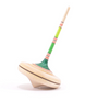 The Mader Spaghetti Spinning Top - Green, crafted from maple wood with a slender handle and green and red stripes, stands tilted on a white background, showcasing the timeless charm and safety of this classic toy.