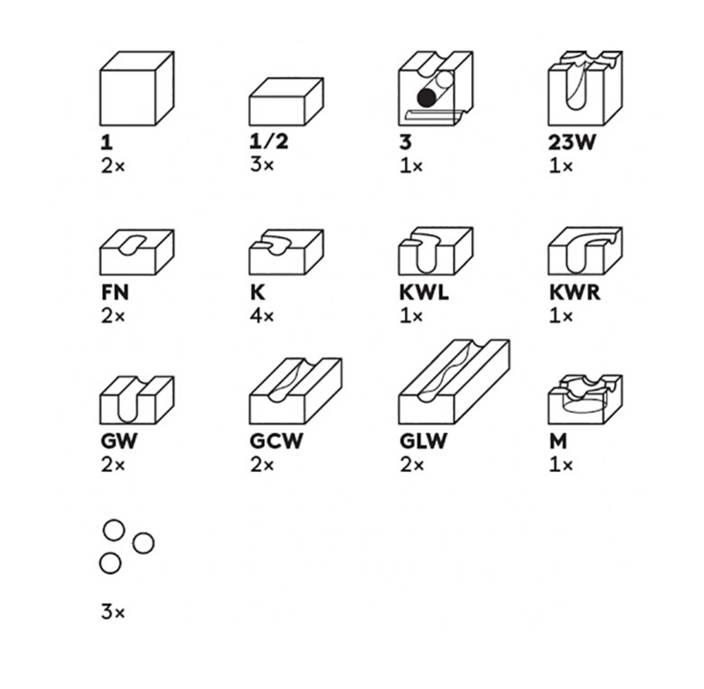 Diagram displaying 13 types of rectangular and grooved blocks from the Cuboro Wave Marble Run Extra Set, each labeled with a name (e.g., 1, 3, GCW) and quantity, plus three small circles at the bottom labeled "3×.