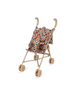 The Konges Sloejd Doll Stroller - Heart Kisses is a lightweight stroller with a beige frame, double wheels, and a fabric seat decorated in a colorful heart pattern.