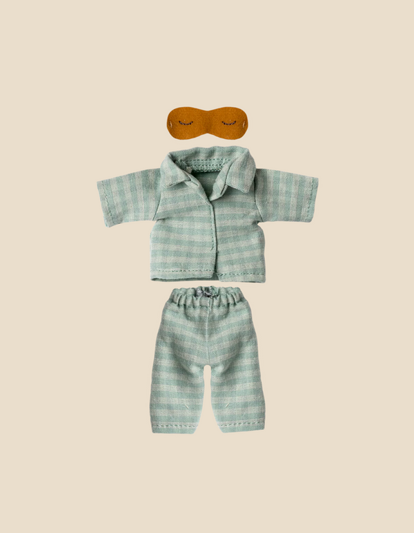 Maileg Extra Clothing: Pyjamas For Dad Mouse includes a light blue striped shirt, matching pants, and a brown eye mask for dad mouse, displayed on a beige background.