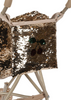 A close-up of the Konges Sloejd Sparkly Sequin Doll Stroller - Golden Cherry, featuring a shiny gold sequin bag with red cherry and green leaf design attached to a beige sparkly stroller.