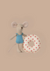 The Maileg Beach Mouse With Float, Little Sister - Red Dot features a little sister mouse in a blue swimsuit standing next to a red polka dot donut float, creating a charming summer scene against a beige background.