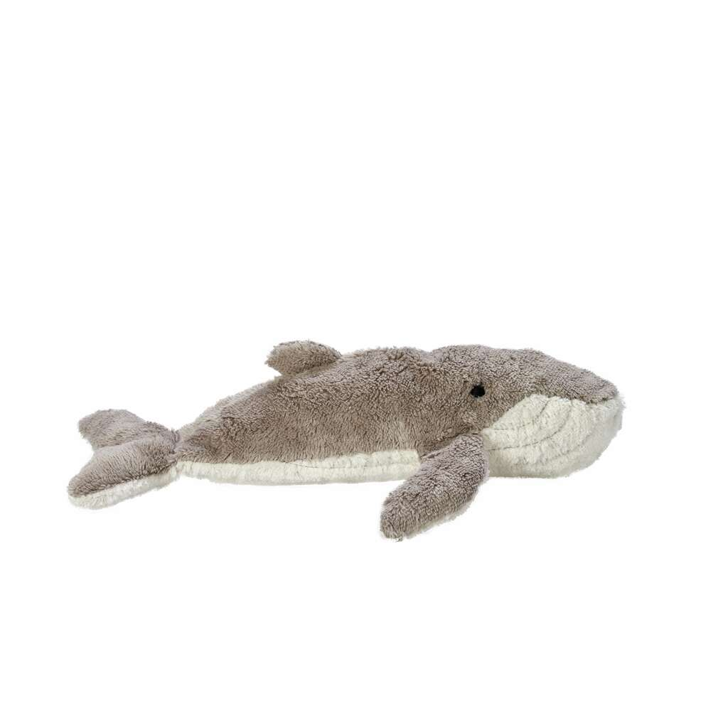 The Senger Naturwelt Cuddly Animal - Whale is a soft, gray and white plush toy handmade in Germany from organic cotton, shown here resting on a white background.