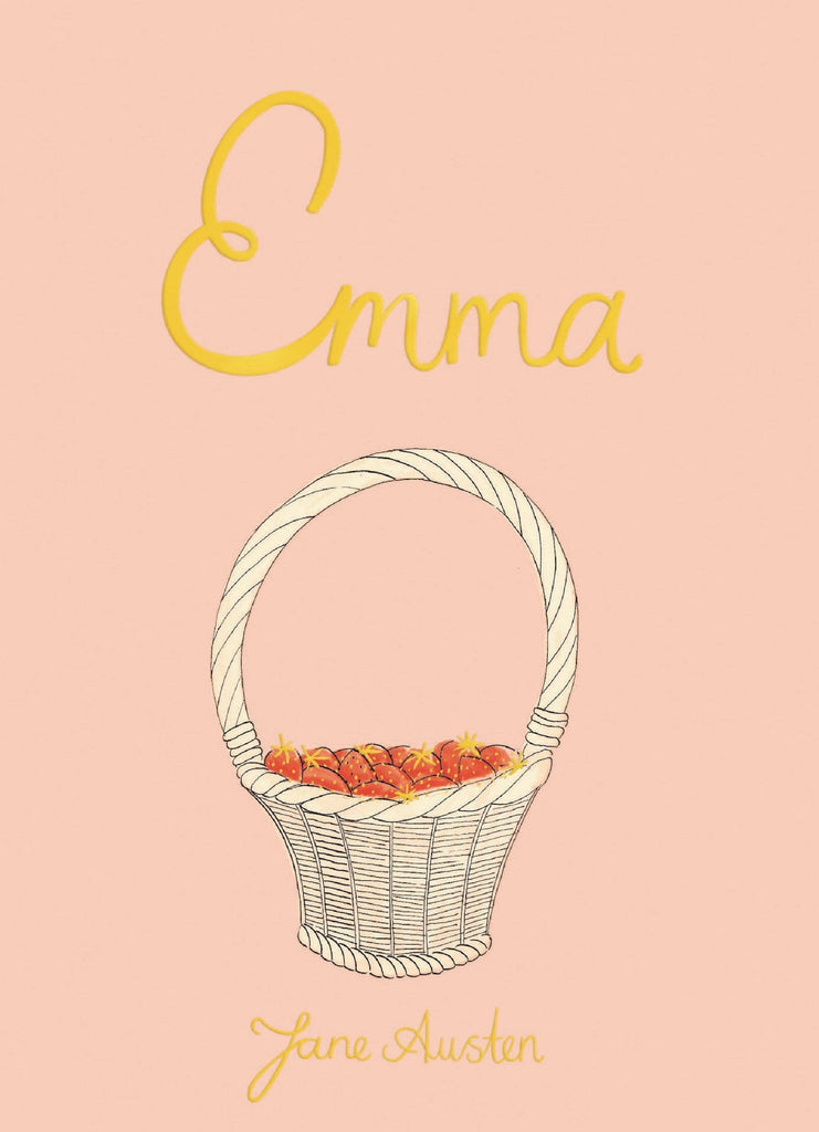 The "Emma | Collector's Edition | Hardcover" features a yellow-script title at the top, a central white woven basket filled with red apples, and Jane Austen’s name in yellow script at the bottom.