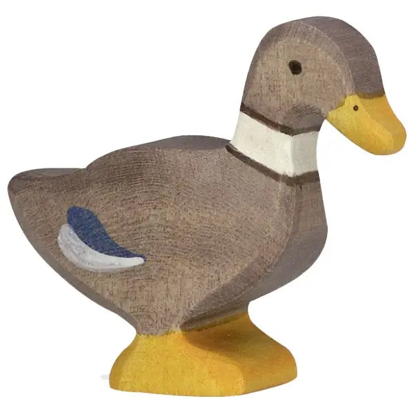 The Holztiger Duck, Standing is a European-made wooden figurine featuring a brown body, yellow beak and feet, a white neck band, and blue and white wing detail—part of the charming HOLZTIGER figures collection.