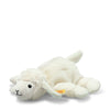 The Steiff Floppy Linda Lamb Plush Stuffed Baby Toy Animal is an 8-inch, soft white lamb with floppy ears, a stitched black smile, and outstretched legs and tail, made from luxuriously soft fabric.