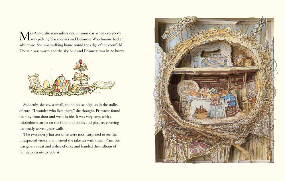 An illustrated page from The Brambly Hedge Pop-Up Book by Jill Barklem shows cakes, a tea set, and an open book on the left, while the right reveals a cozy, round nest room with shelves and a table ready for tea.