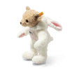 The Steiff Teddy Bear with Bunny Hoodie Costume, 11 inches, features a light brown head and wears a fluffy white bunny hoodie with pink-lined ears—a charming upright figure with Steiff's signature yellow ear tag, perfect as a Chinese New Year rabbit zodiac lucky charm.