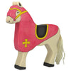 The Holztiger Tournament Horse, Red features a cream body, black hooves, white mane and tail, red and yellow saddle blanket, and yellow bridle with cross. Handcrafted in Europe and part of the cherished HOLZTIGER figures collection. Ships in one week.