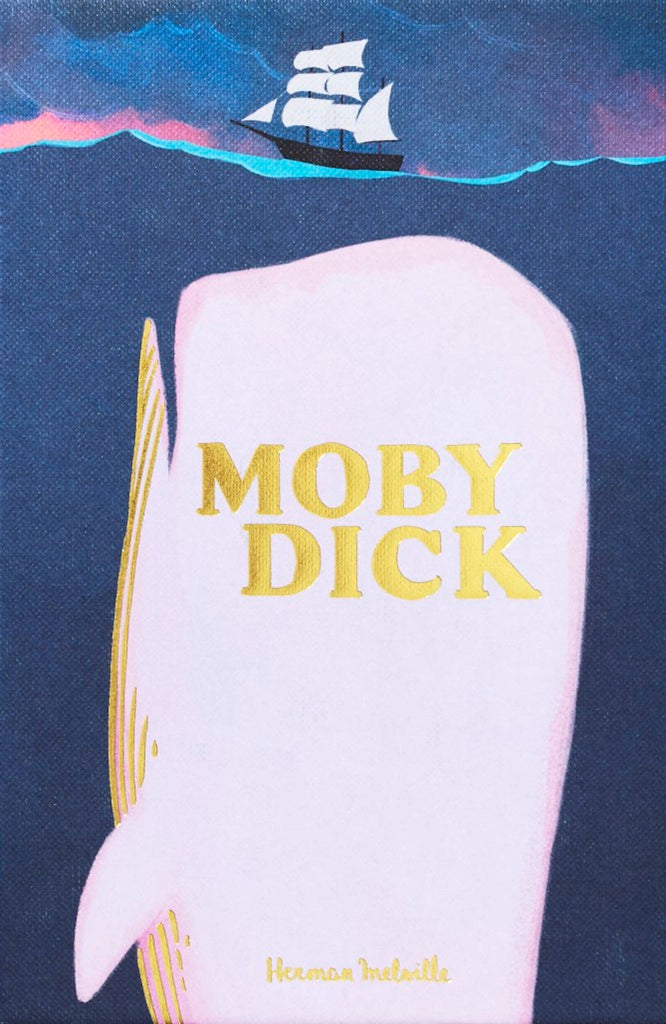 A stylized Collector's Edition hardcover of "Moby Dick" by Herman Melville, showing a large white whale under water with a ship above, and the title in bold gold letters on the whale.