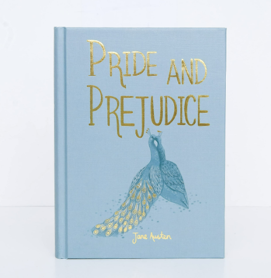The Pride and Prejudice | Austen Collector's Ed. Hardcover features a light blue cover with gold embossed text, an illustrated peacock, and Jane Austen’s name in gold lettering at the bottom.