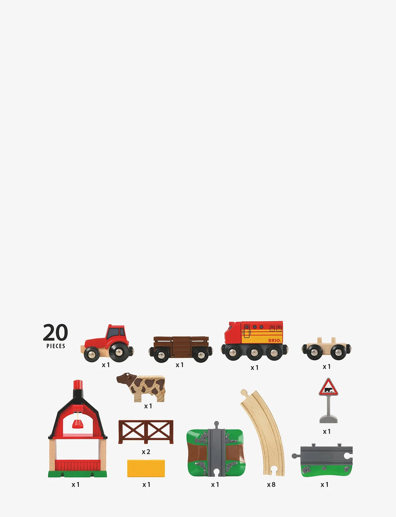 The BRIO World Train Set Farm Railway Set is a 20-piece wooden set with a red tractor, magnetic train cars, animals, barn, fences, track pieces, road sign, and green connectors shown on a white background.